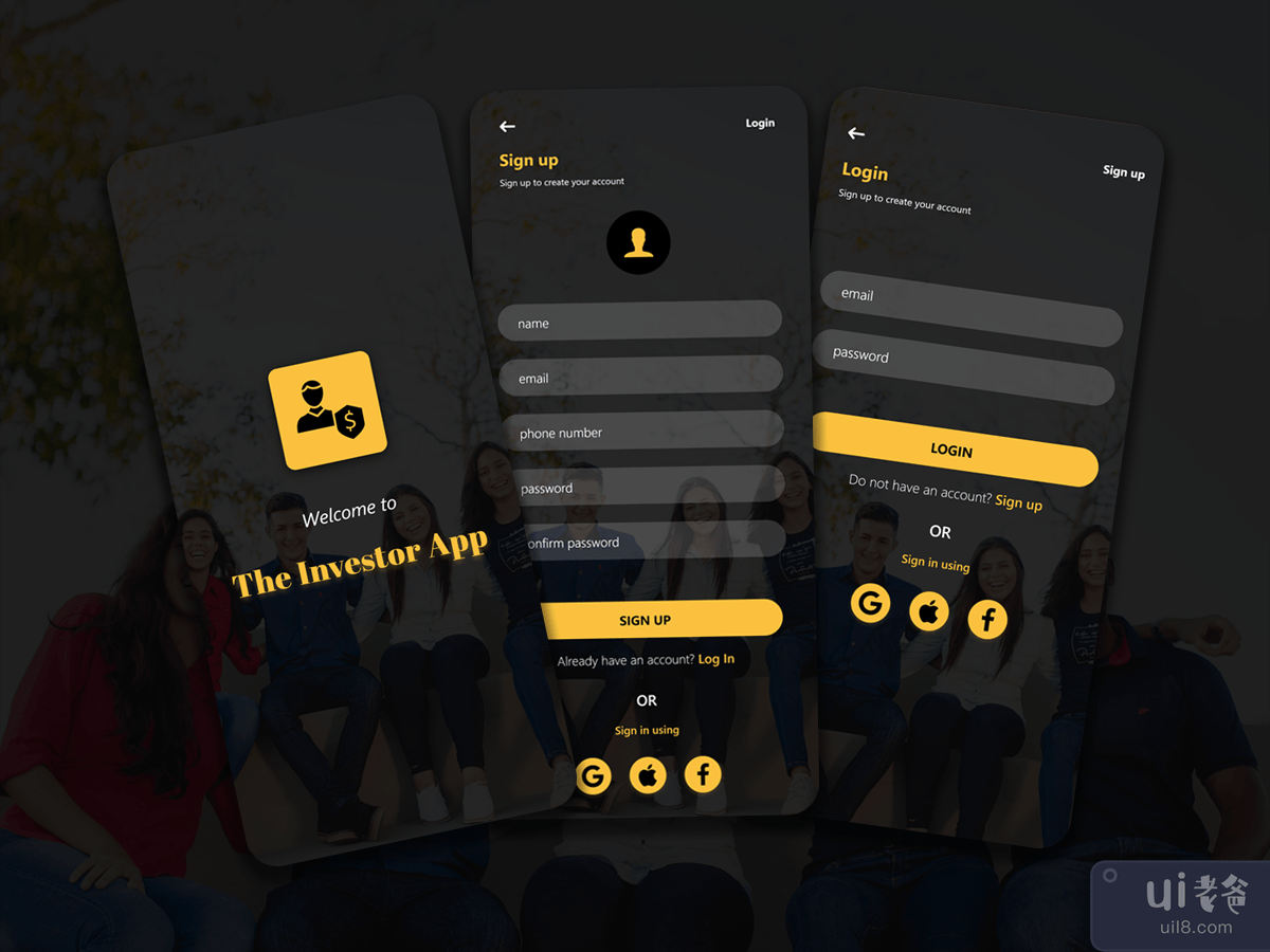 Investor app initial screens, signup and login concept