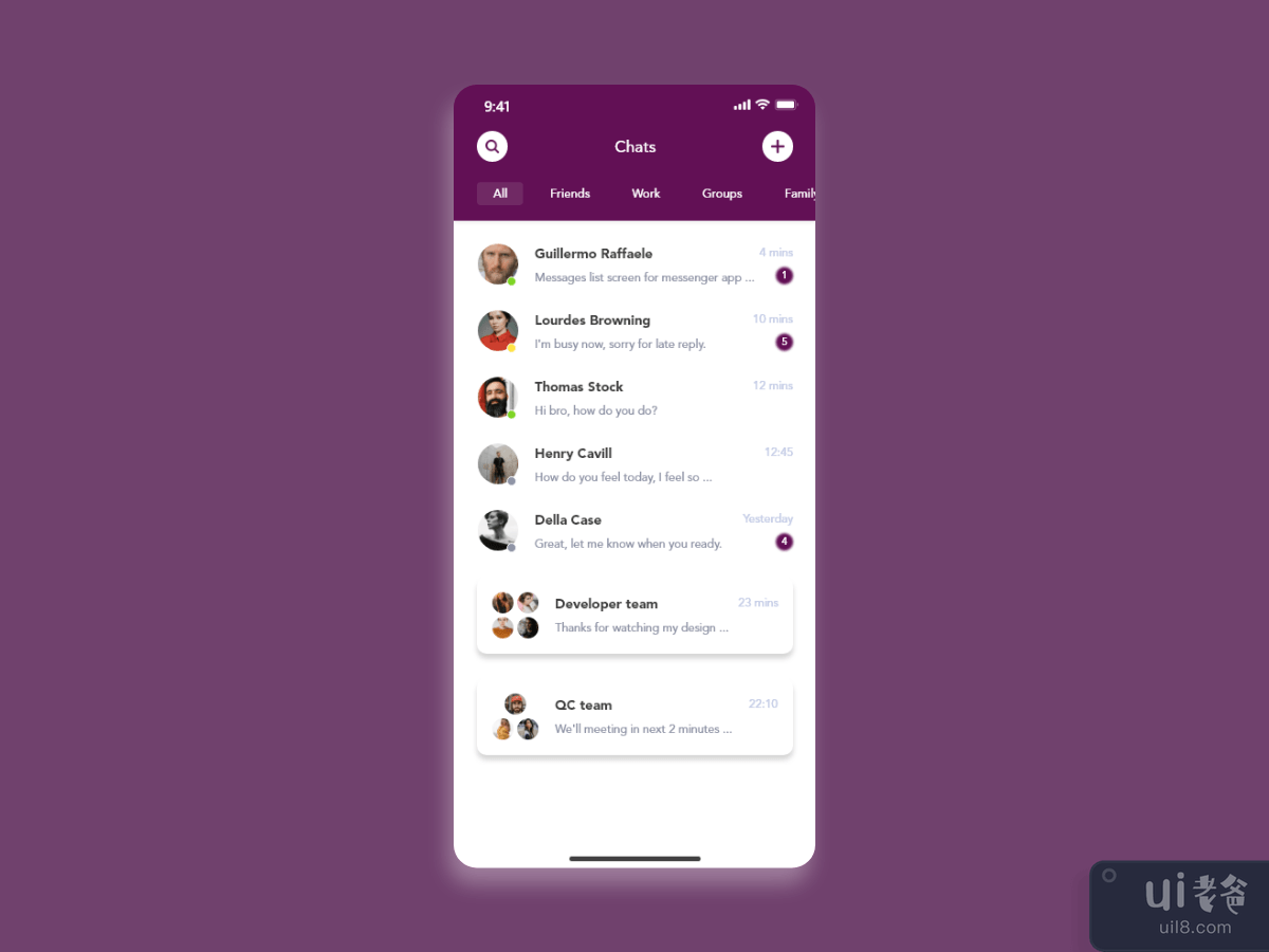 Message List concept screen for Social app