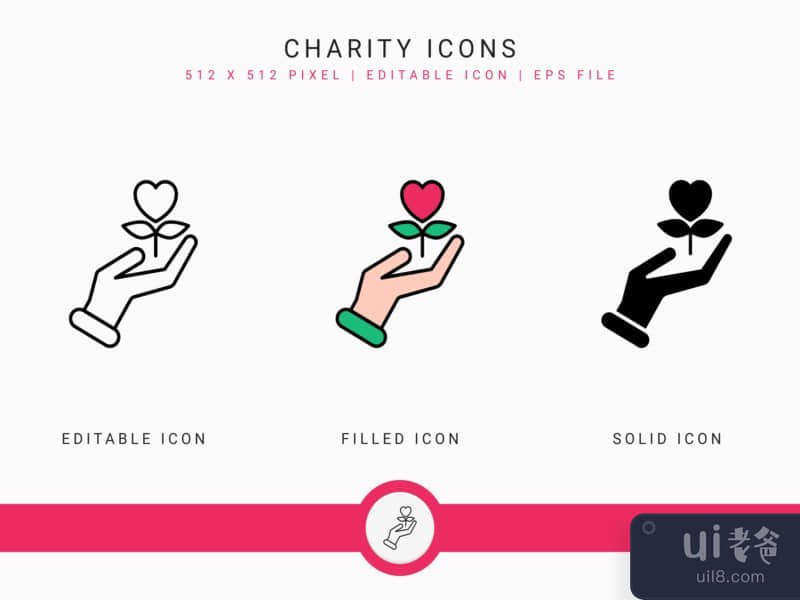Charity icons set vector illustration with solid icon line style