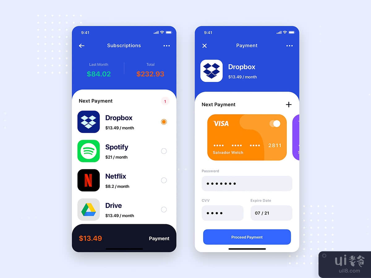Subscription Payment Mobile App UI Kit Template