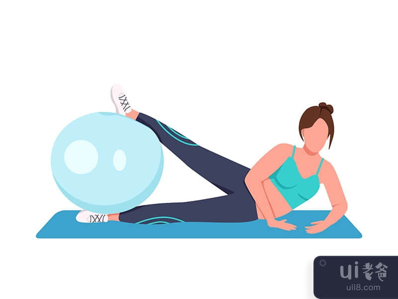 Woman training with swiss ball flat color vector faceless character
