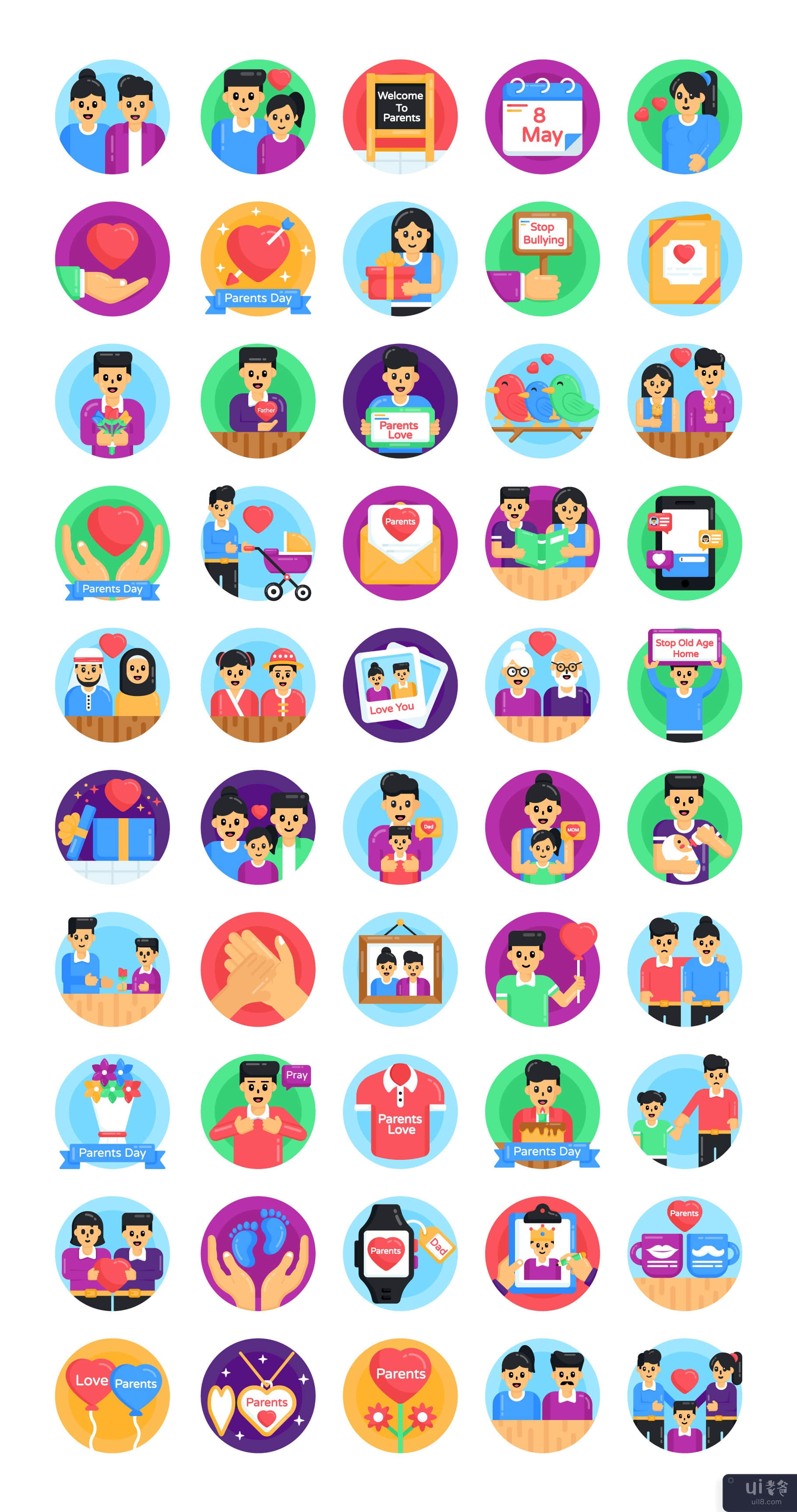 50 全球父母节平面图标(50 Global Parents Day Flat Icon)插图1