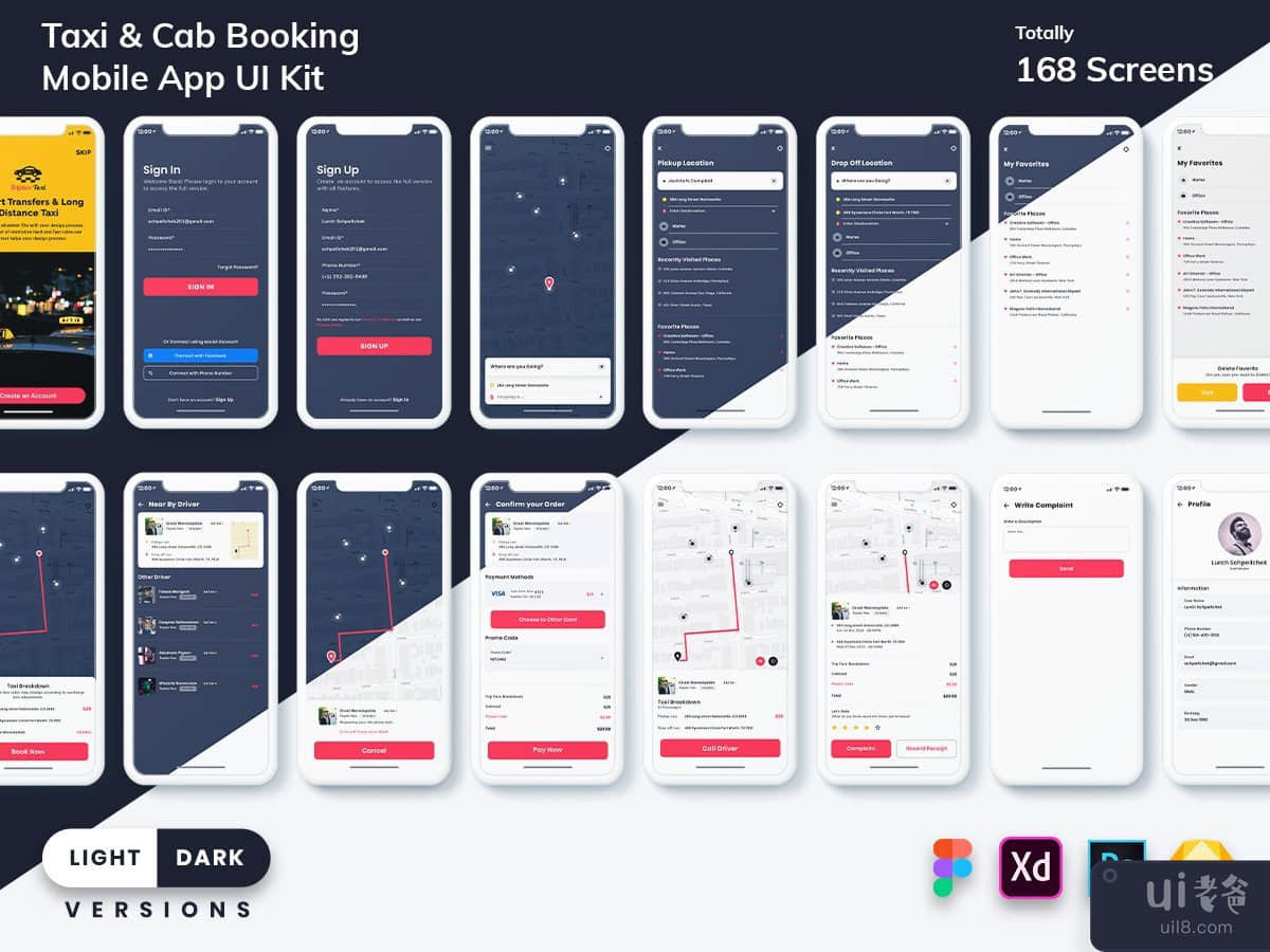 Taxi Booking Mobile App UI Kit (Light & Dark)