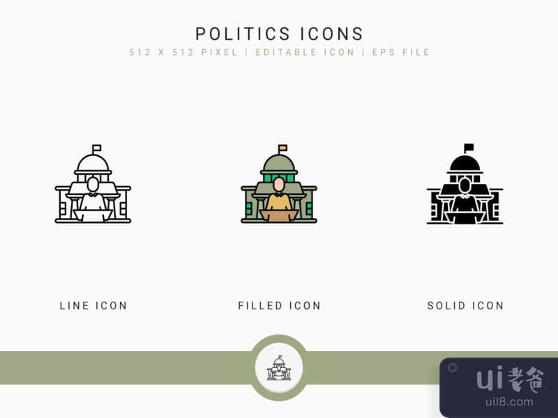 Politics icons set vector illustration with solid icon line style