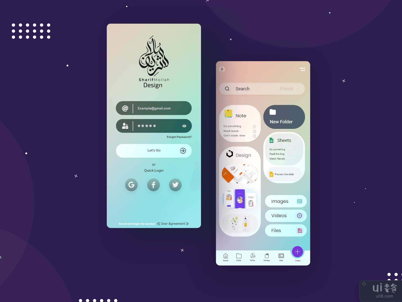 Glassmorphism cloudbase 文件管理器 UI 概念 ||文件管理器移动应用(Glassmorphism cloudbase File manager UI concepts || File manager mobile app)插图