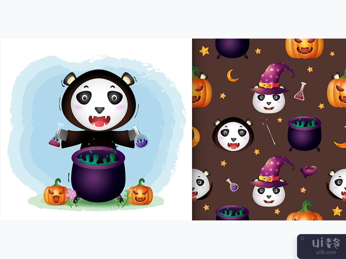 万圣节女巫服装的熊猫。无缝图案和插图设计(panda with witch costume halloween . seamless pattern and illustration designs)插图