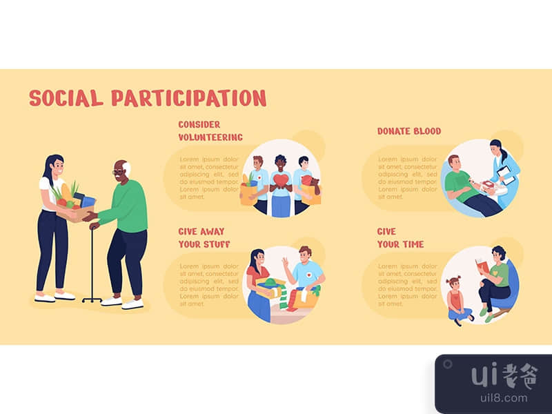 Social participation flat color vector infographic template