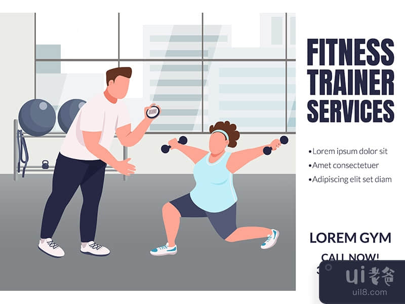 Fitness trainer services banner flat vector template