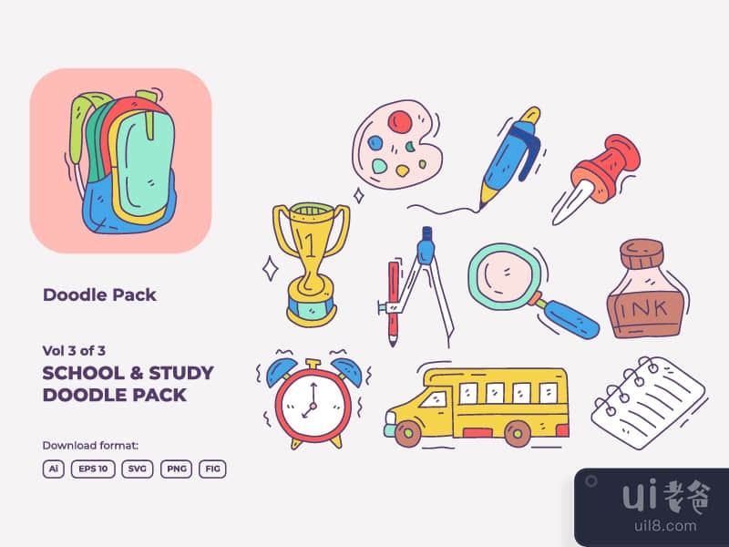 hand drawn doodle school and study icon illustration set 3-3