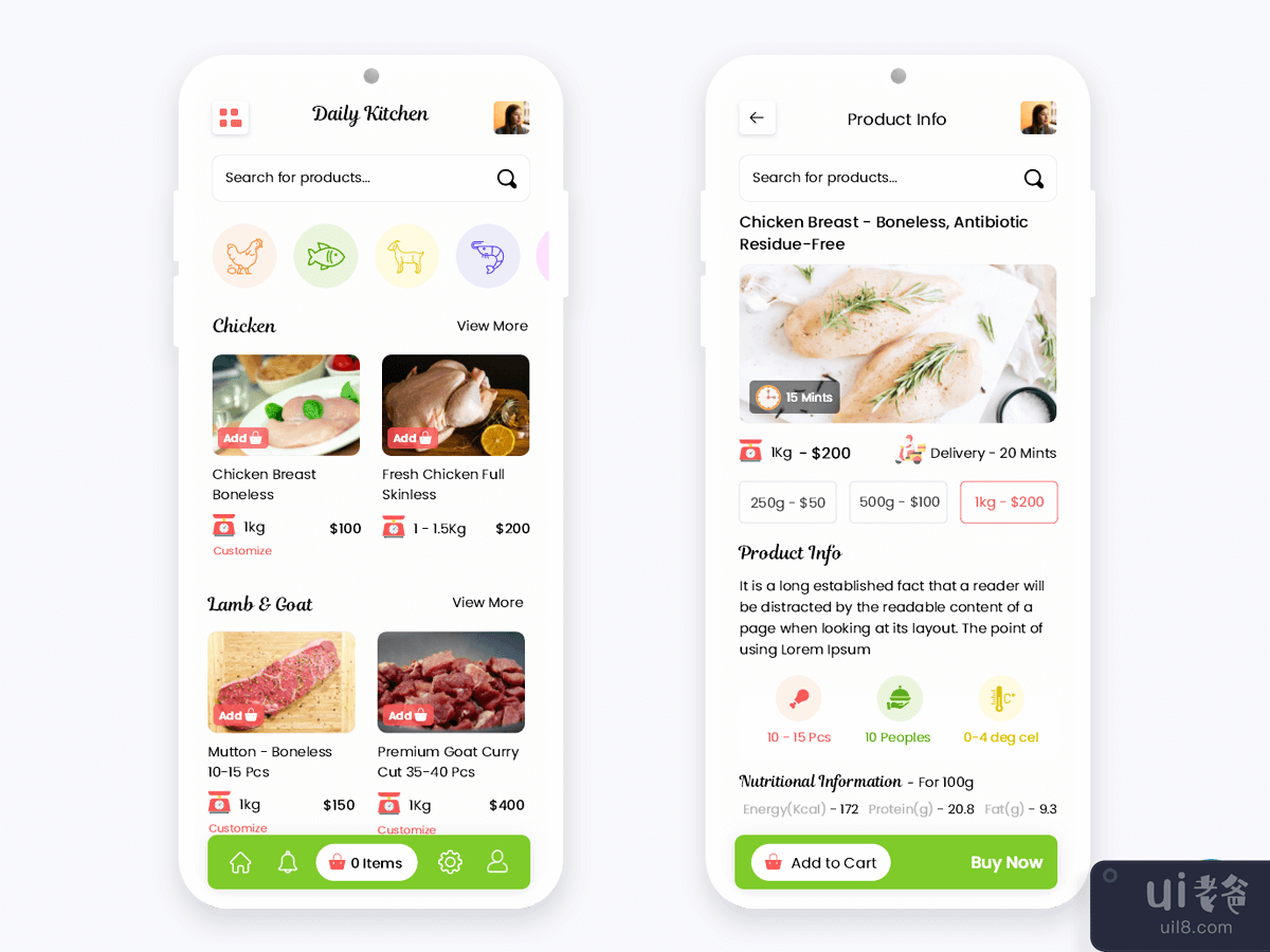 在线购买肉制品 移动应用程序 UI 套件(Buy Meat Products Online Shop Mobile App UI Kit)插图1