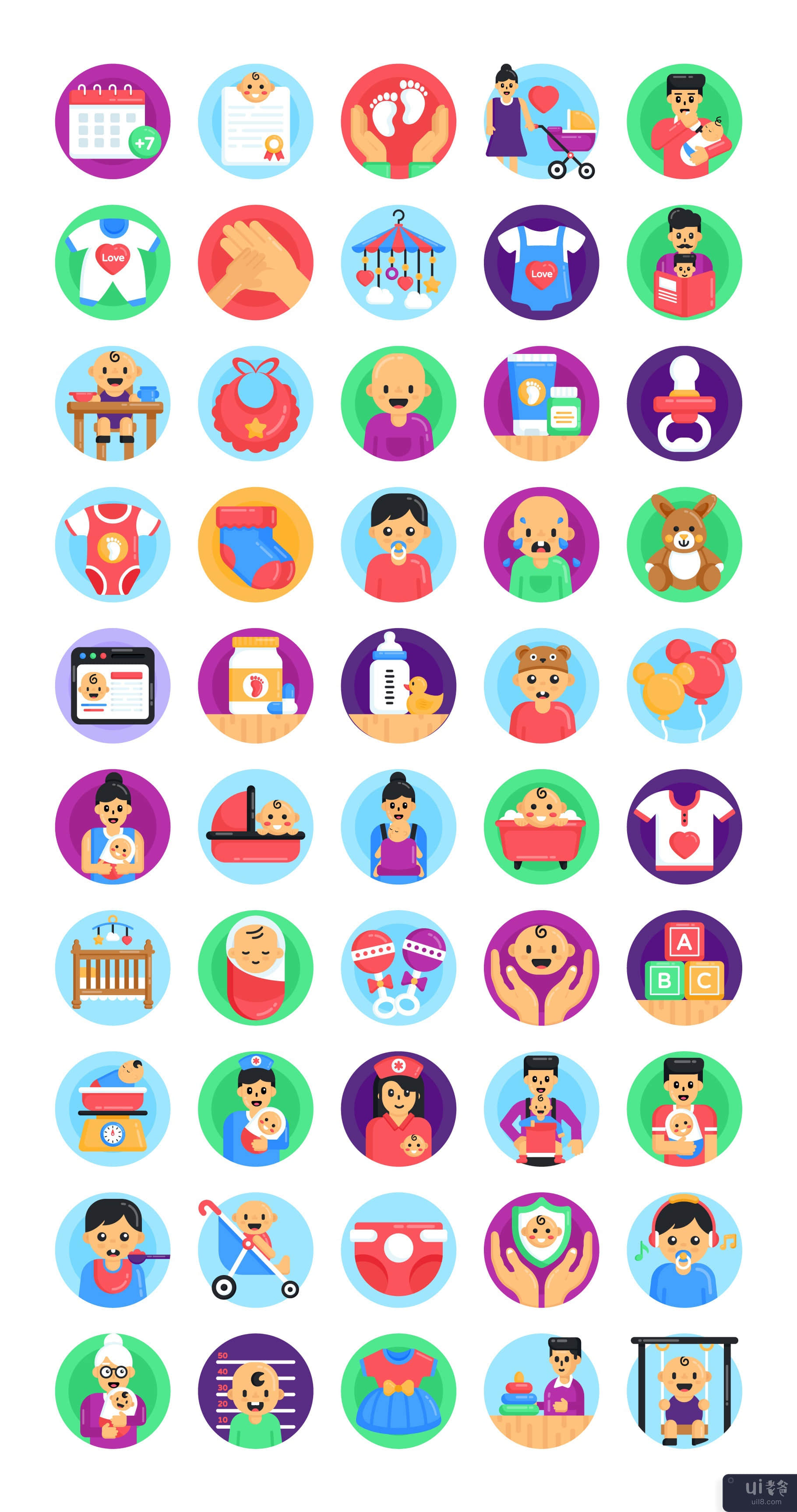 婴儿护理图标-50 个圆形矢量图标(Baby Care Icons - 50 Round Vector Icons)插图