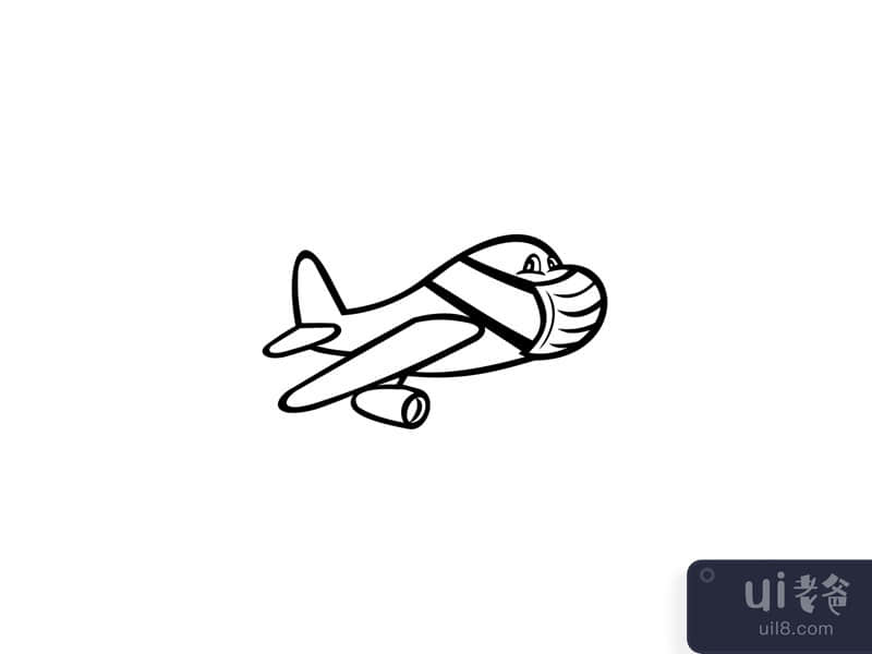 Airplane Wearing Mask Flying Cartoon Black and White