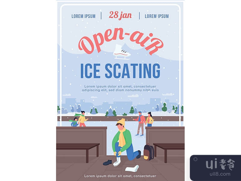 Open air ice skating poster flat vector template
