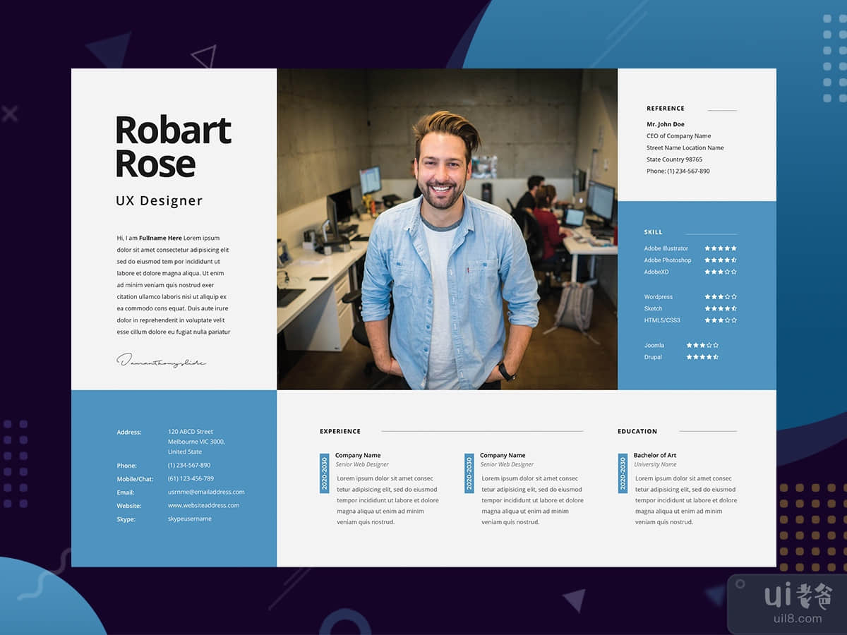 White cv template with blue and grey Psd template