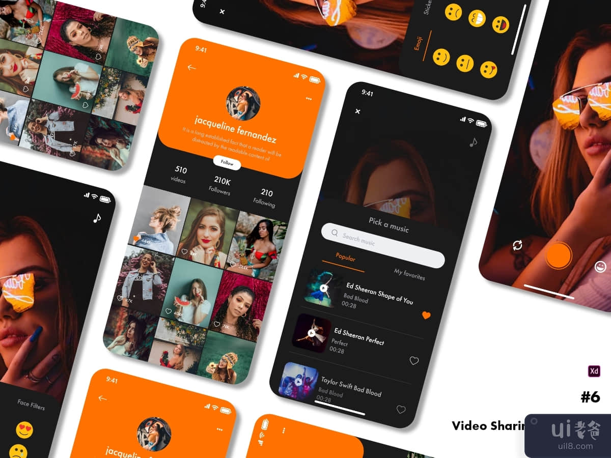 #6 - Video Sharing App Ui Kit ( Users Profile, make video, search music)