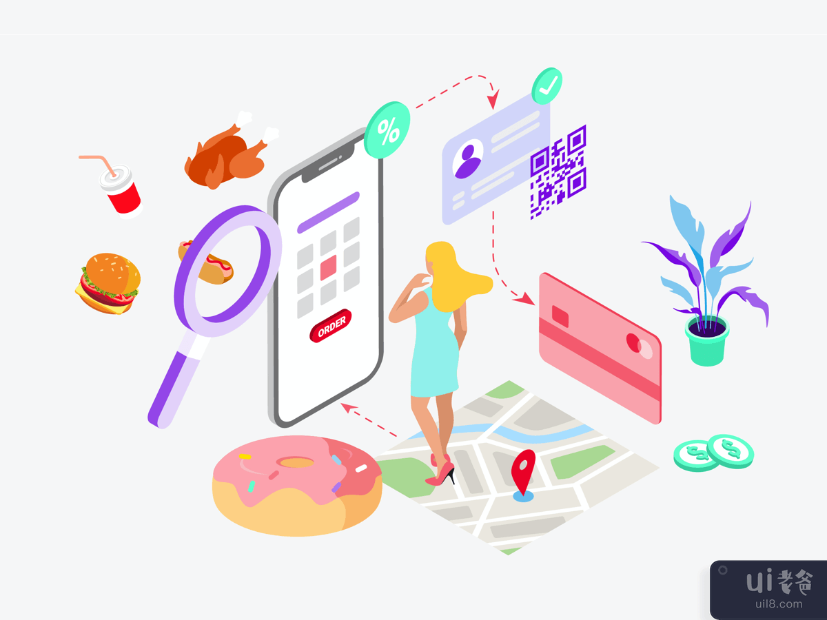 Order Food and Drink by Digital Wallet Isometric Illustration