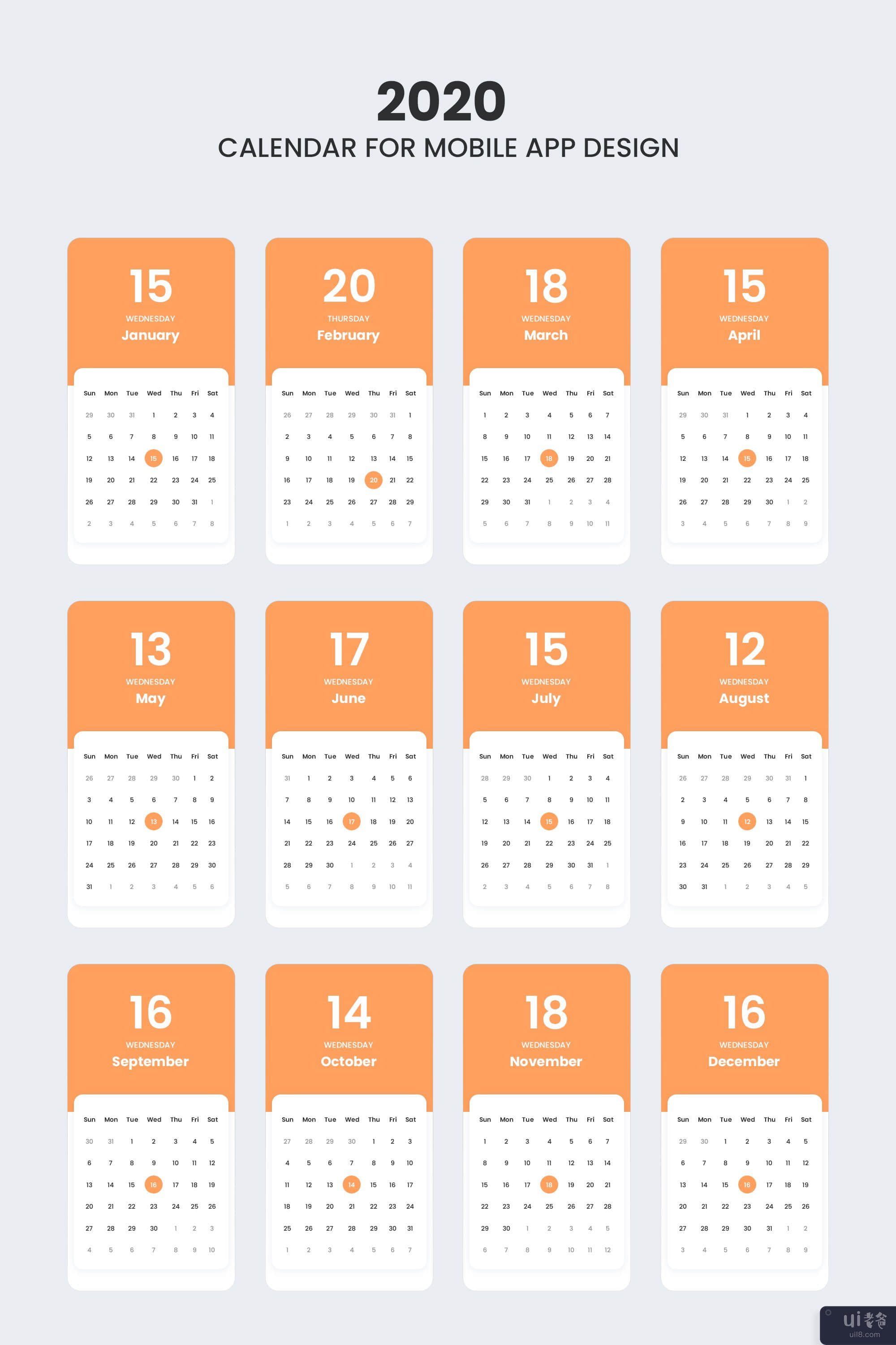 2020 年日历应用程序 UI 套件(2020 Calendar UI Kits for App)插图