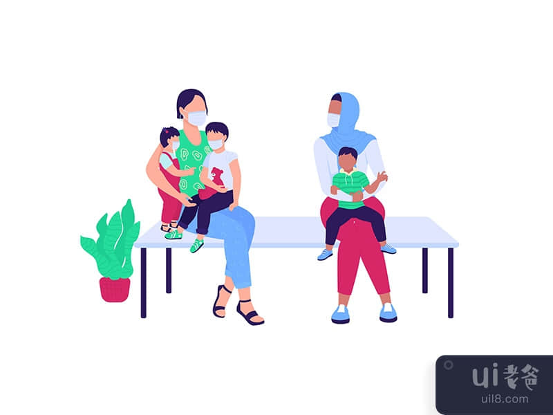Women with children waiting in hospital flat color vector faceless characters