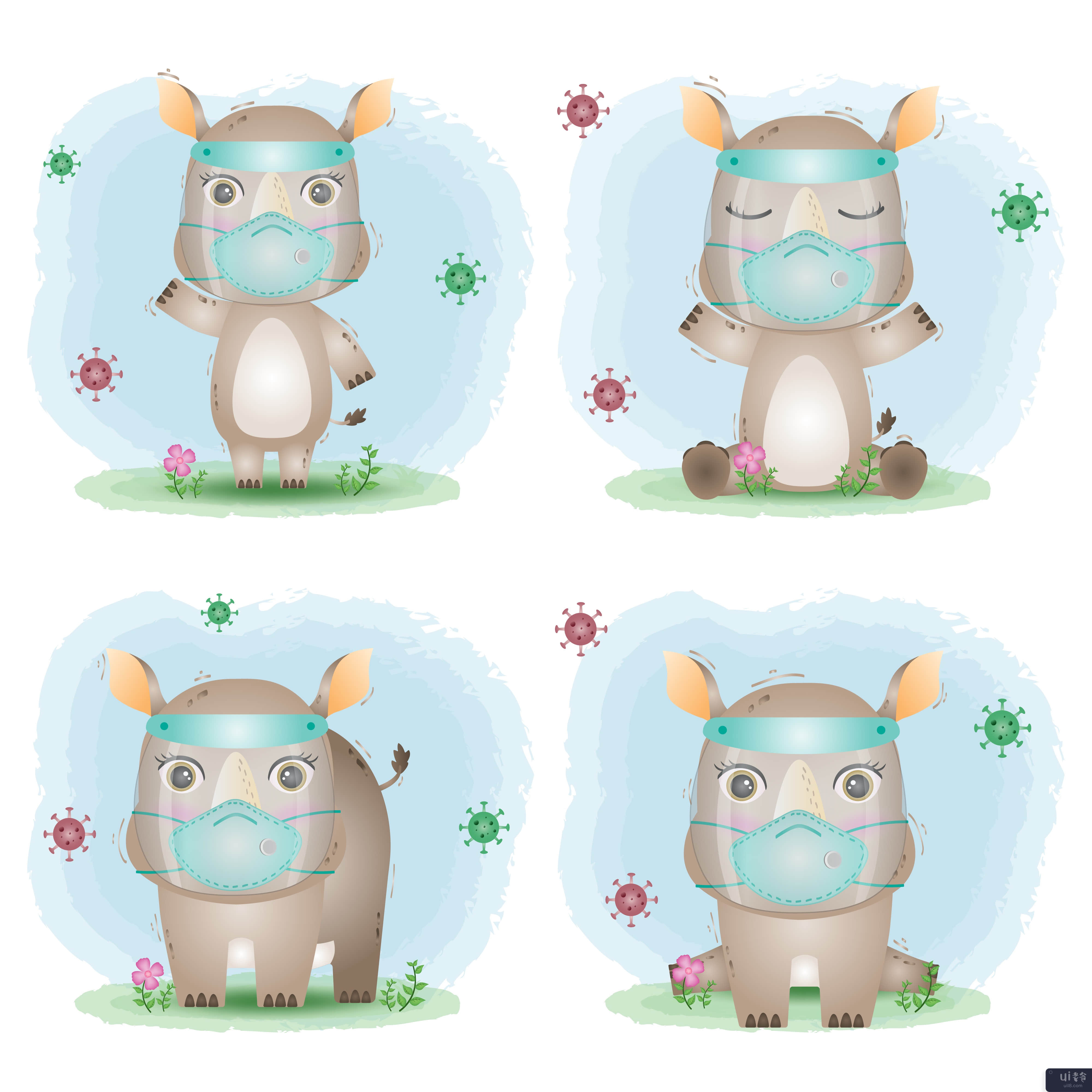 使用面罩和面具系列的可爱犀牛(cute rhino using face shield and mask collection)插图