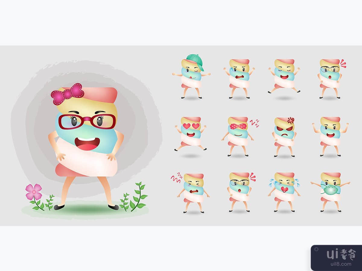 可爱的吉祥物棉花糖字符集集合(Cute mascot marshmallow character set collection)插图