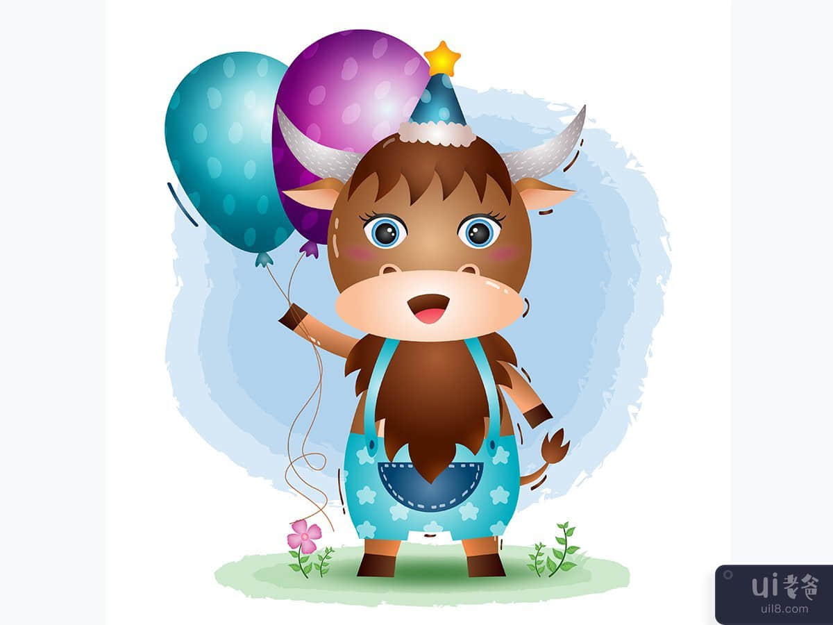 一头可爱的水牛，戴着生日帽，拿着气球(a cute buffalo using birthday hat and holds balloon)插图
