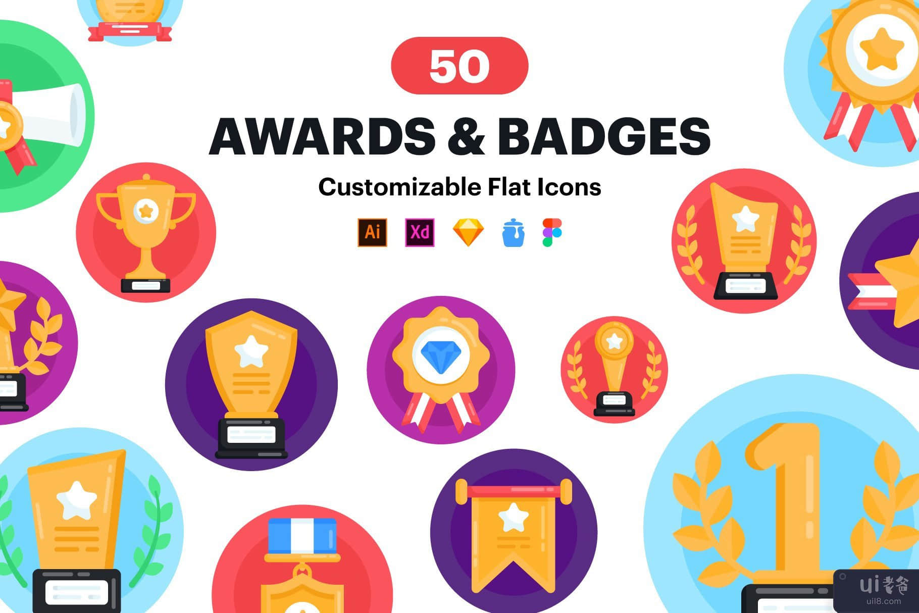 奖项图标-50 个平面矢量图标(Awards Icons - 50 Flat Vector Icons)插图