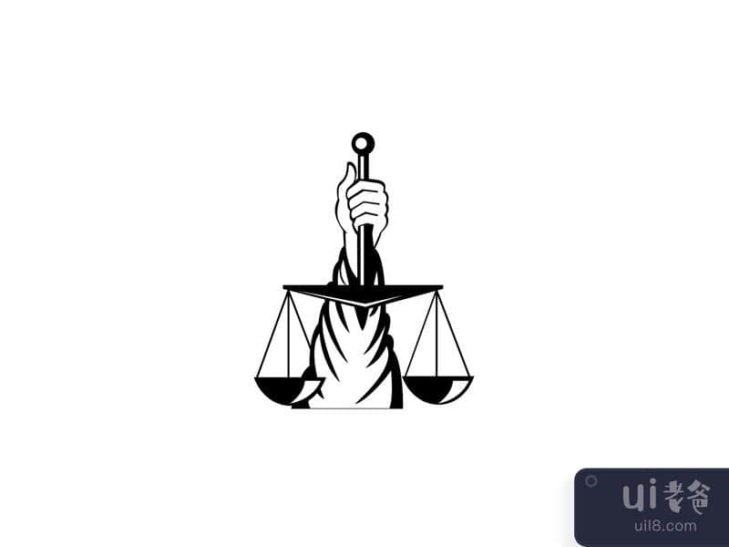 Hand of Lady of Justice Holding Weighing Scale Retro Black and White 