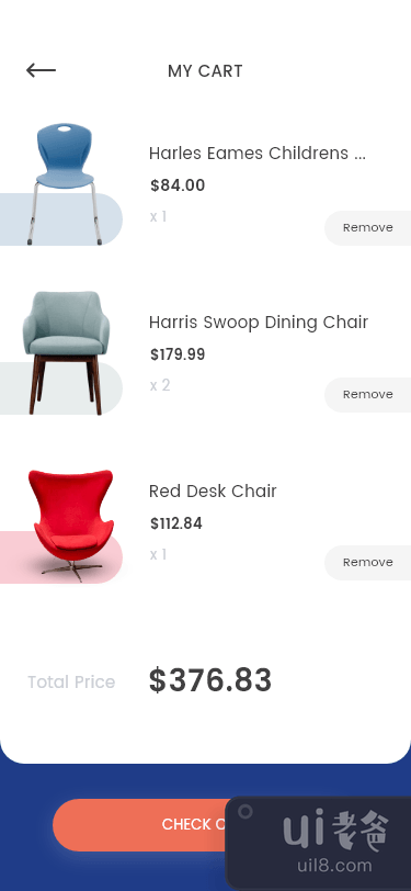 家具应用程序的主页和我的购物车屏幕(Home and My cart screens for Furniture app)插图