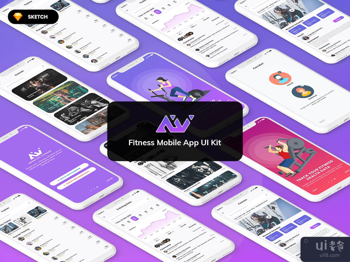 Amerivex-Fitness Mobile App Template UI Kit Light Version (SKETCH)