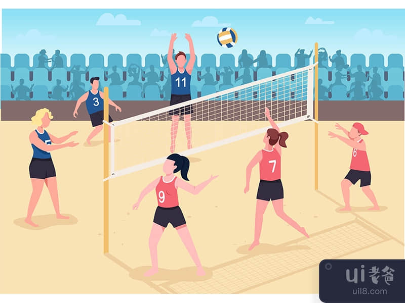 People playing volleyball on beach flat color vector illustration