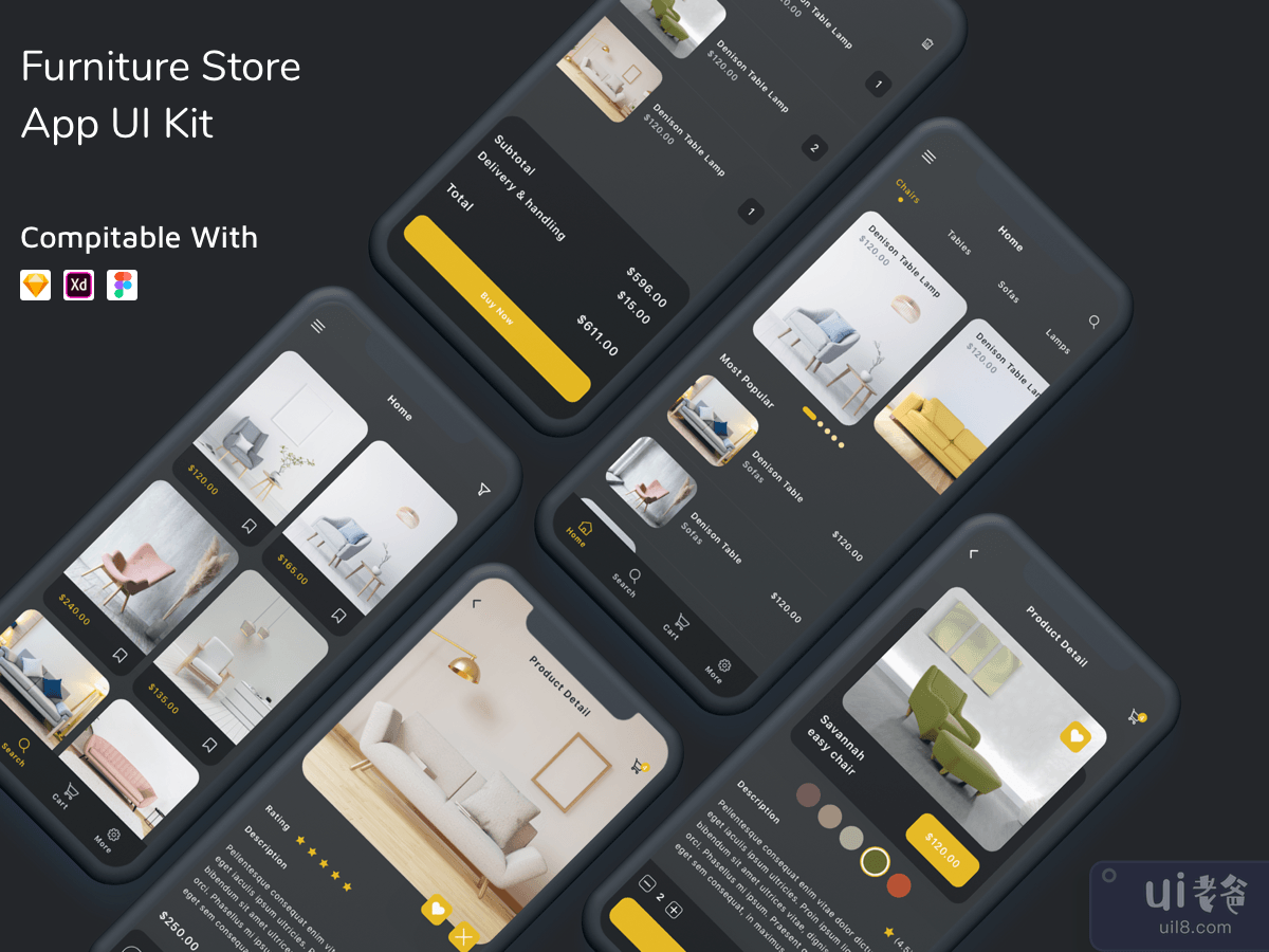 Furniture Store App UI Kit Dark Mode