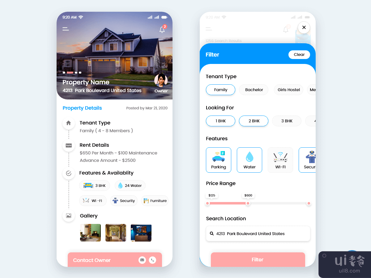 查找房屋、公寓和旅馆出租移动应用程序 UI 套件(Find Homes, Apartments and Hostel for rent mobile app UI Kit)插图4