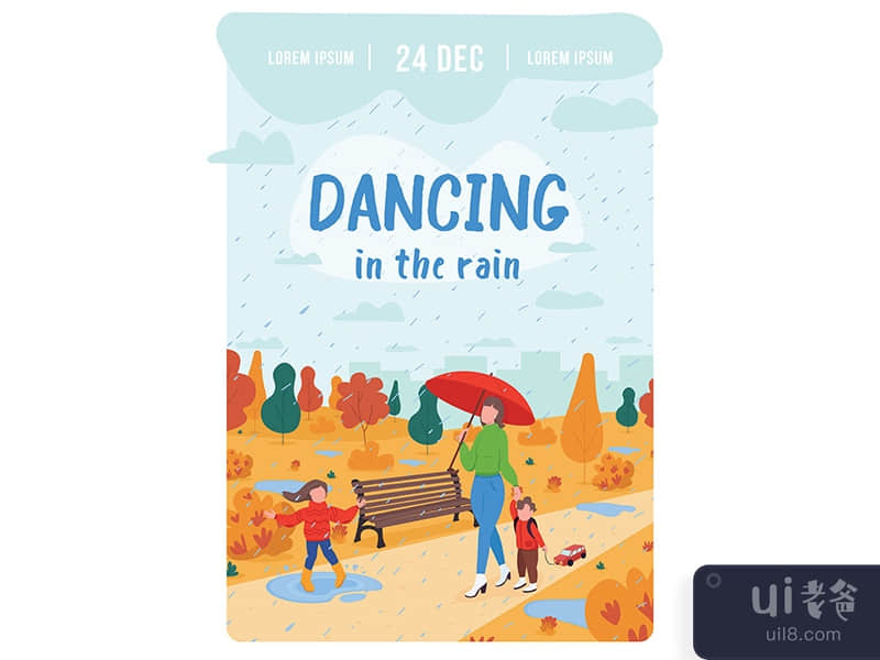 Dancing in rain poster flat vector template