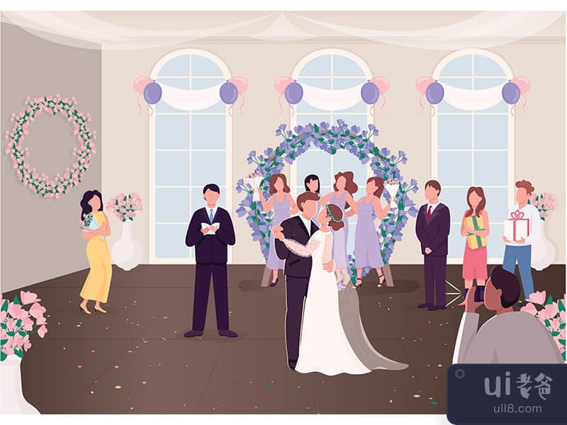 Wedding ceremony celebration flat color vector illustration