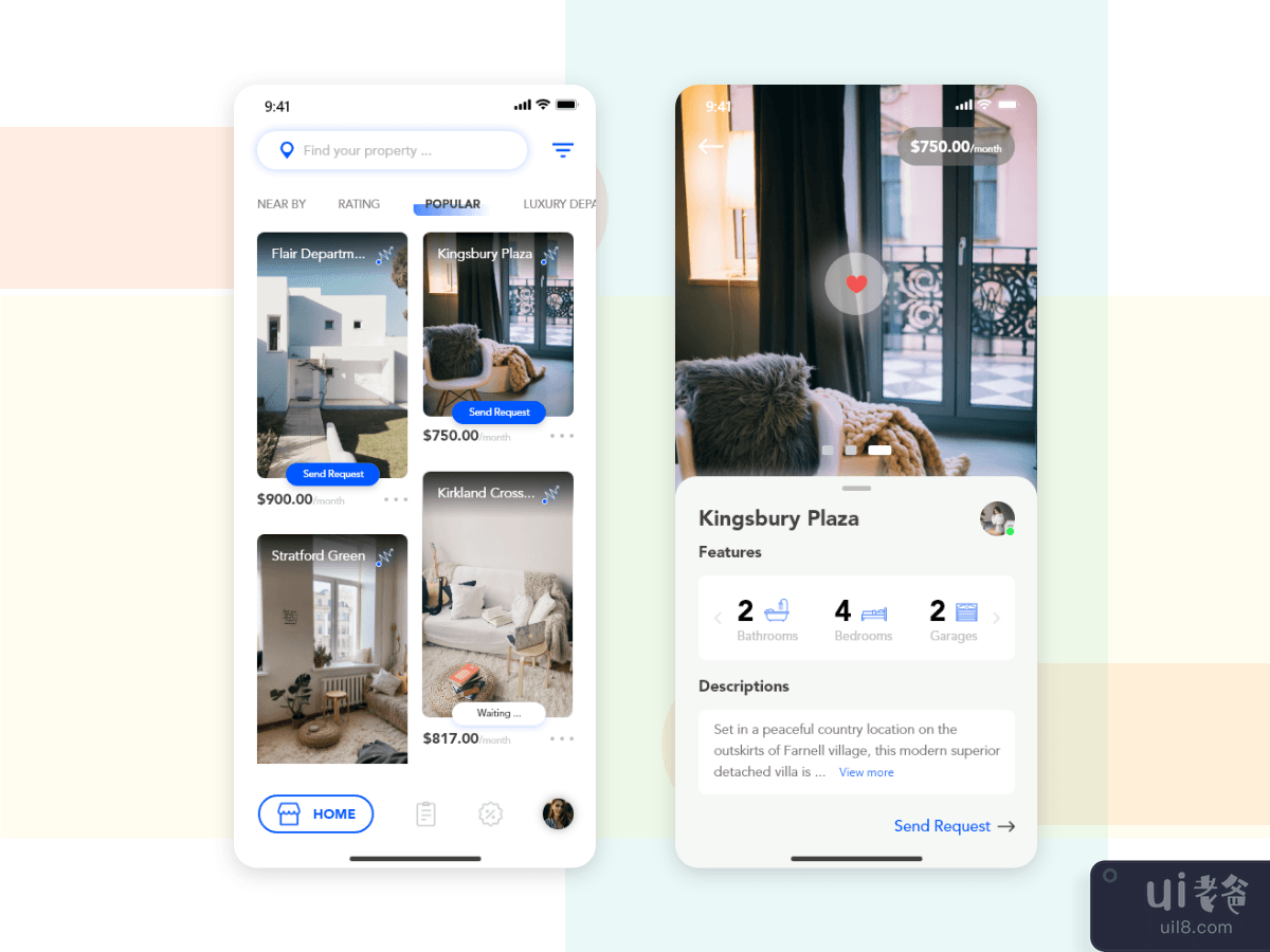 Home and Property Details concept screens for Properties app
