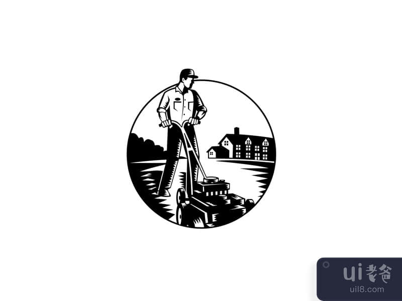 Gardener Mowing With Lawnmower and House Circle Woodcut Black and White