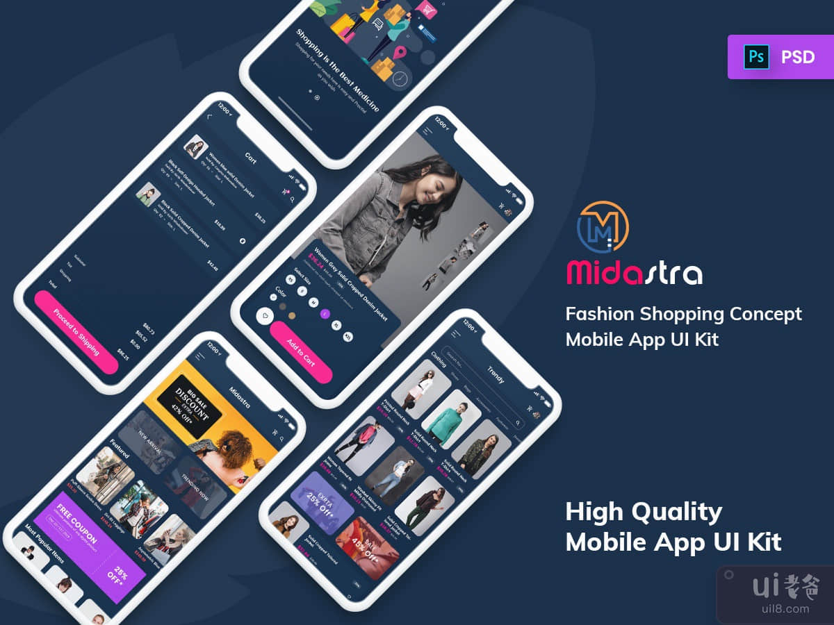 Midastra-Fashion Shopping Mobile App UI kit Dark