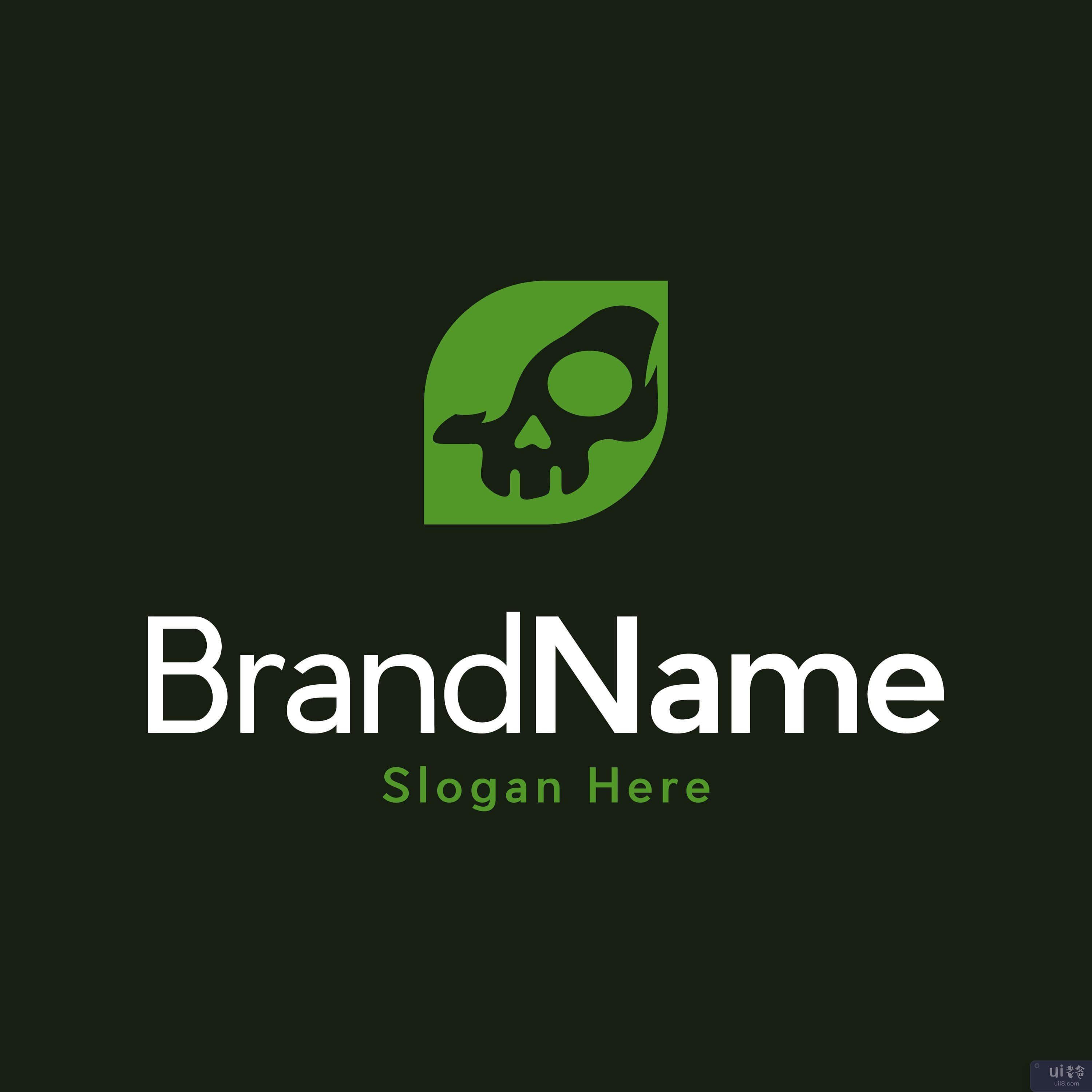 骷髅叶绿色可怕的创意标志矢量(Skull leaf green scary creative logo vector)插图