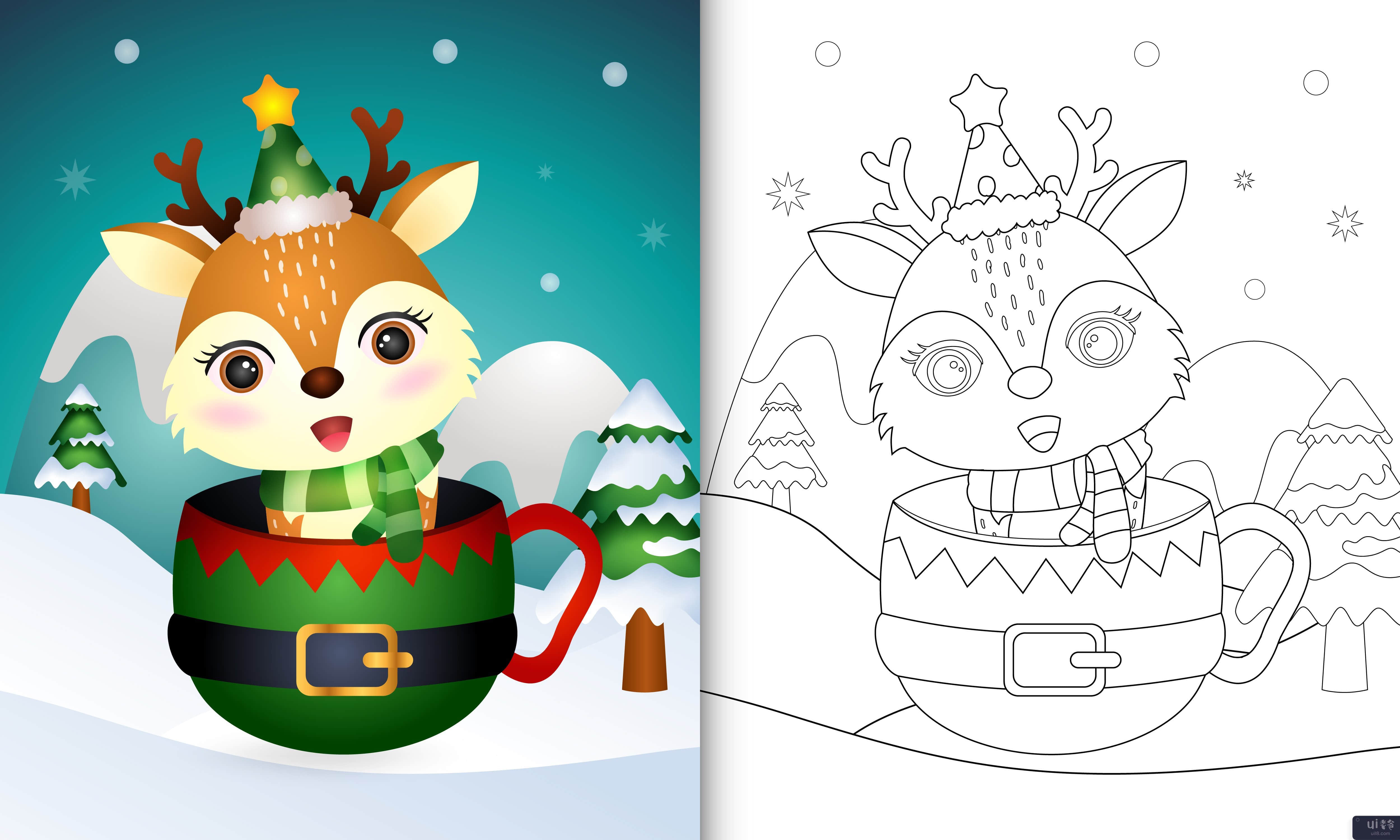 用可爱的鹿圣诞人物着色书(coloring book with a cute deer christmas characters)插图