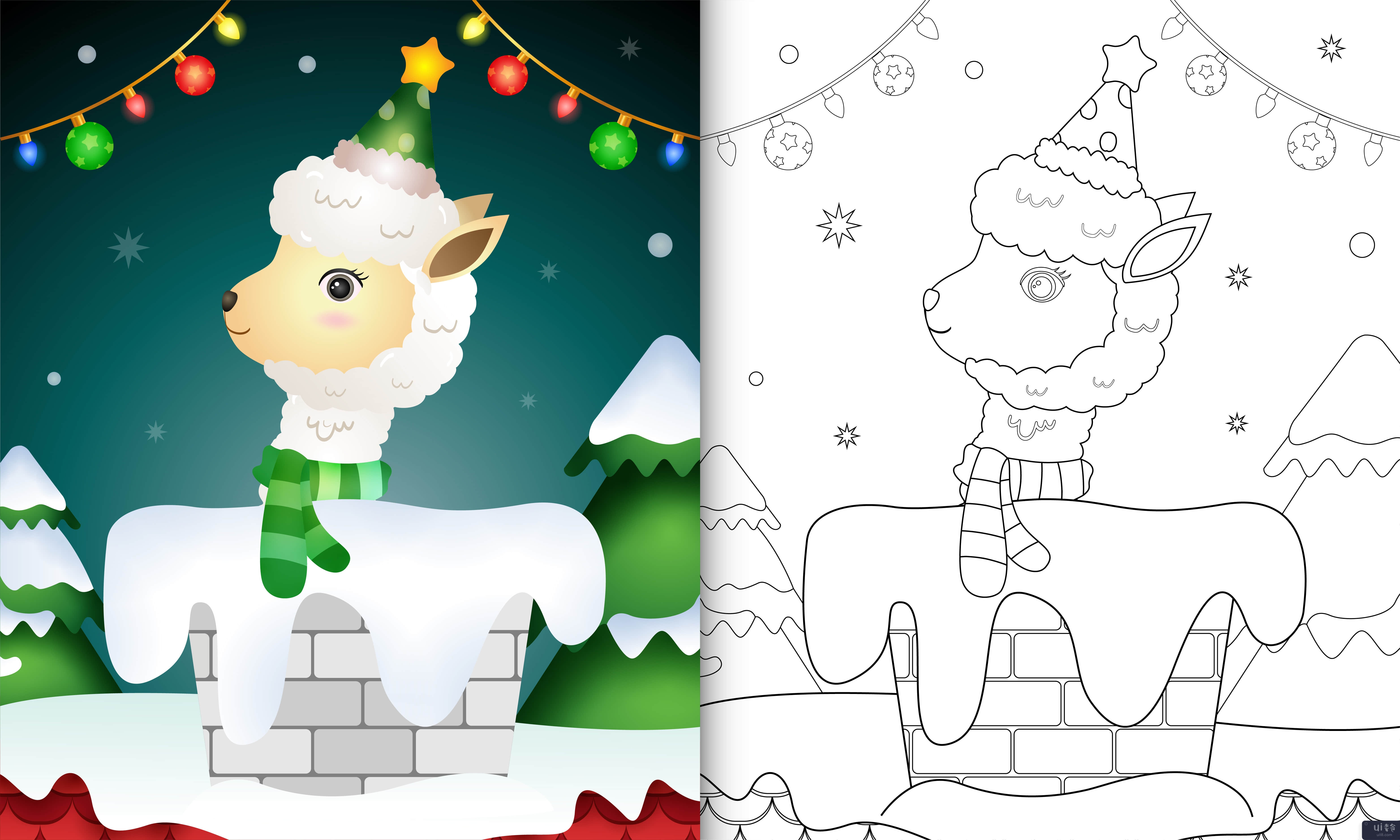 用帽子和围巾在烟囱里为有可爱羊驼的孩子着色书(coloring book for kids with a cute alpaca using hat and scarf in chimney)插图