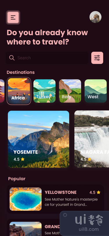 旅行应用 UI 深色模式(Travel app UI Dark Mode)插图1
