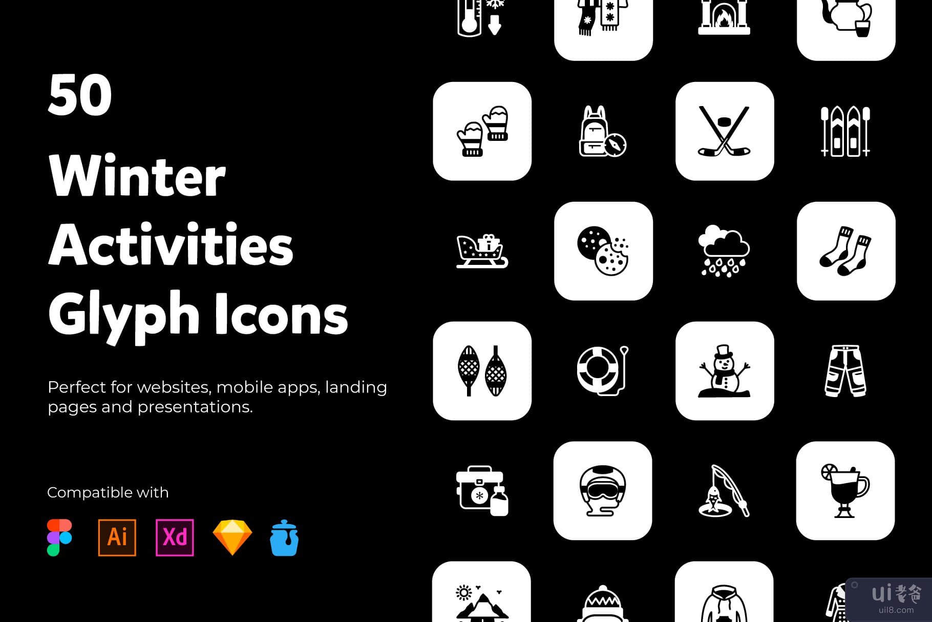 冬季活动字形图标(Winter Activities Glyph Icons)插图2