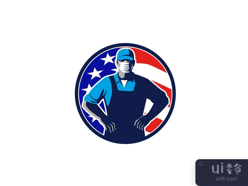 Grocery Worker Wearing Mask USA Flag Circle Retro