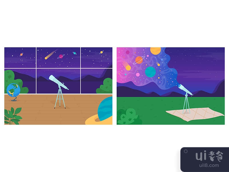 Space exploration with telescope flat color vector illustration set