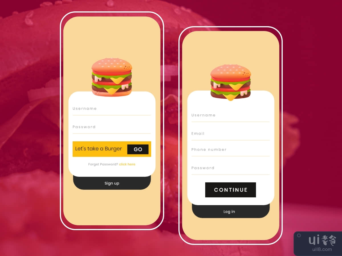Burger Restaurant app log in and sign up page