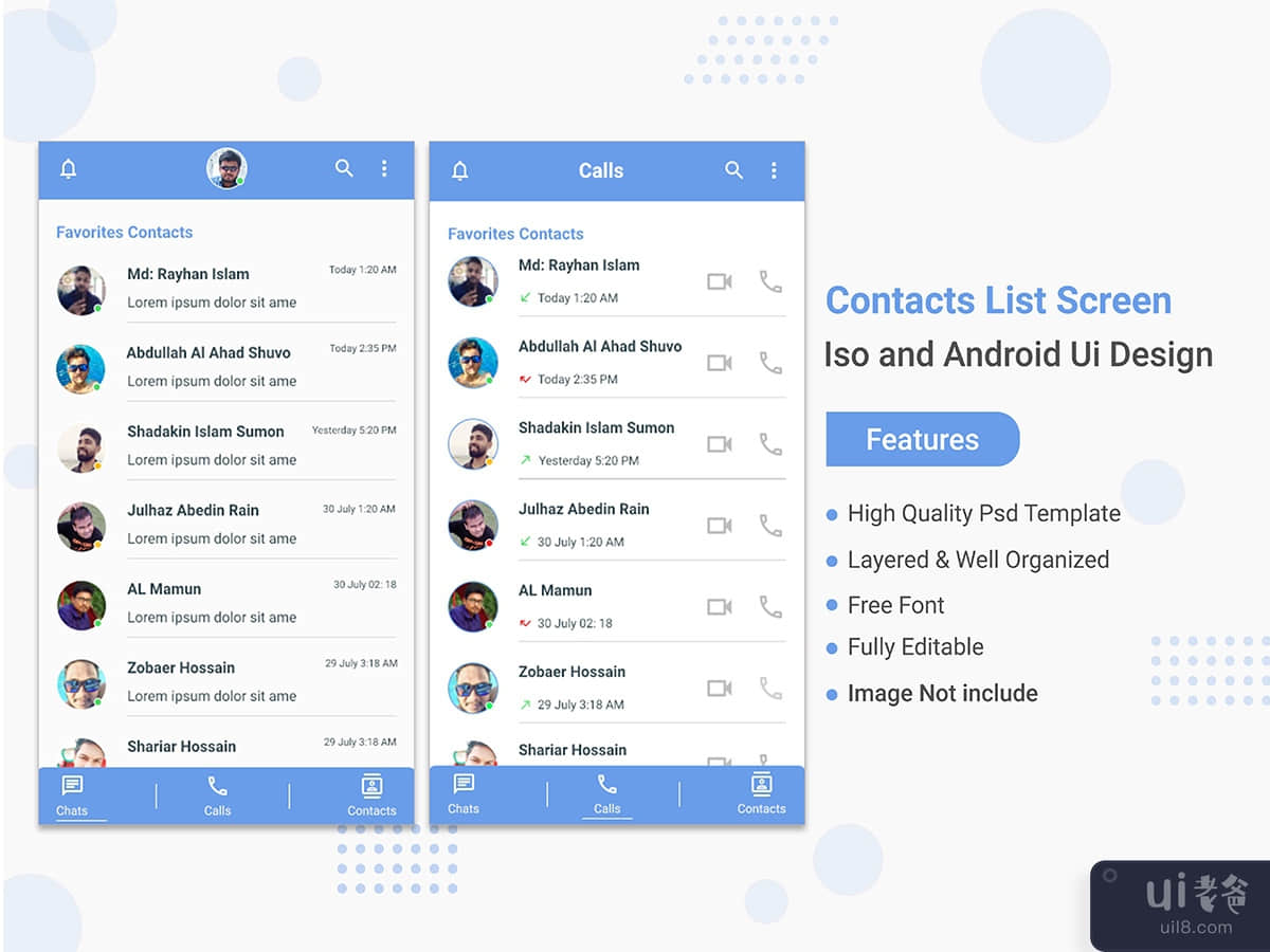 Contacts List Screen PSD Template