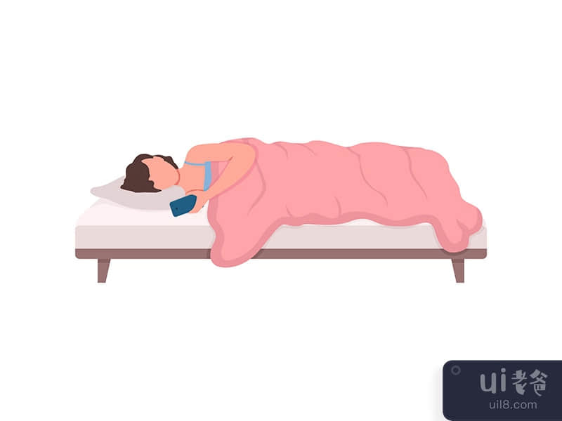 Girl with smartphone in bed flat color vector faceless character