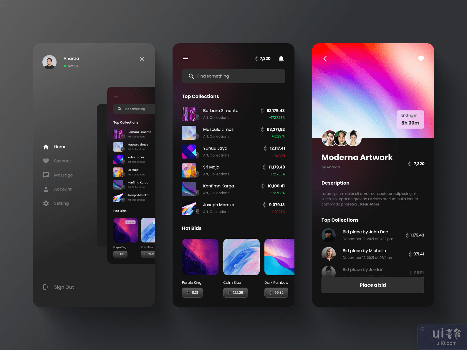 OpenMoon - NFT 加密艺术市场拍卖移动应用程序 UI 工具包模板(OpenMoon - NFT Crypto Art Marketplace Auction Mobile App UI Kits Template)插图