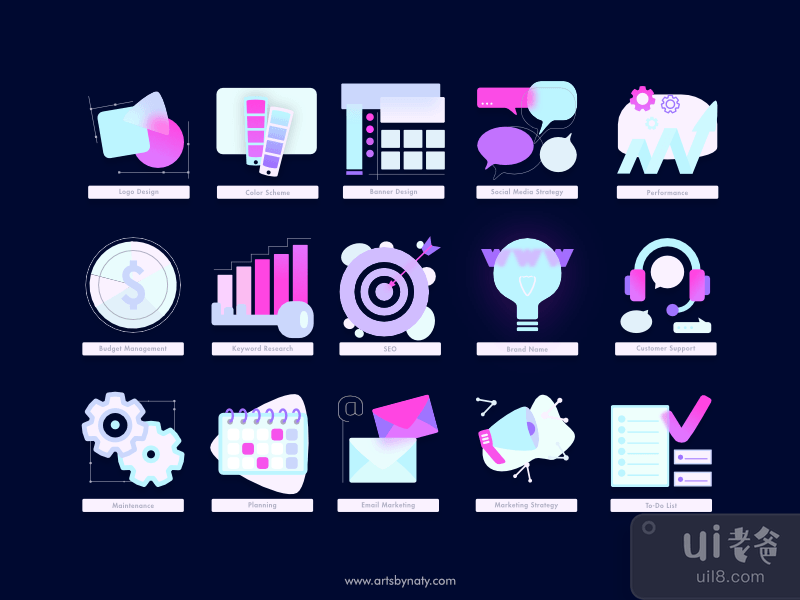 商业中的粉红色 |软 UI 图标集。(Pink In Business | Soft UI icons set.)插图1