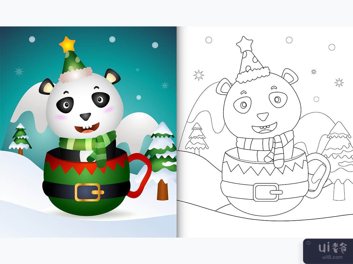 精灵杯中带有可爱熊猫圣诞人物的着色书(coloring book with a cute panda christmas characters  in the elf cup)插图